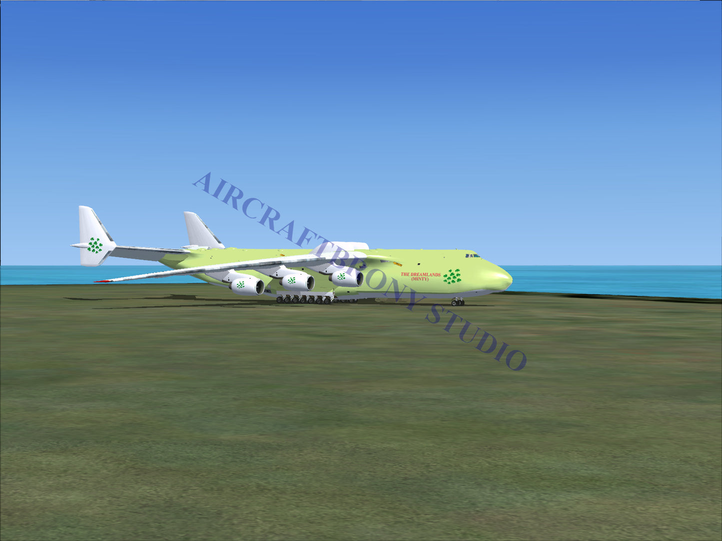 Green and white antonov an-225 mriya cargo plane with four engines.