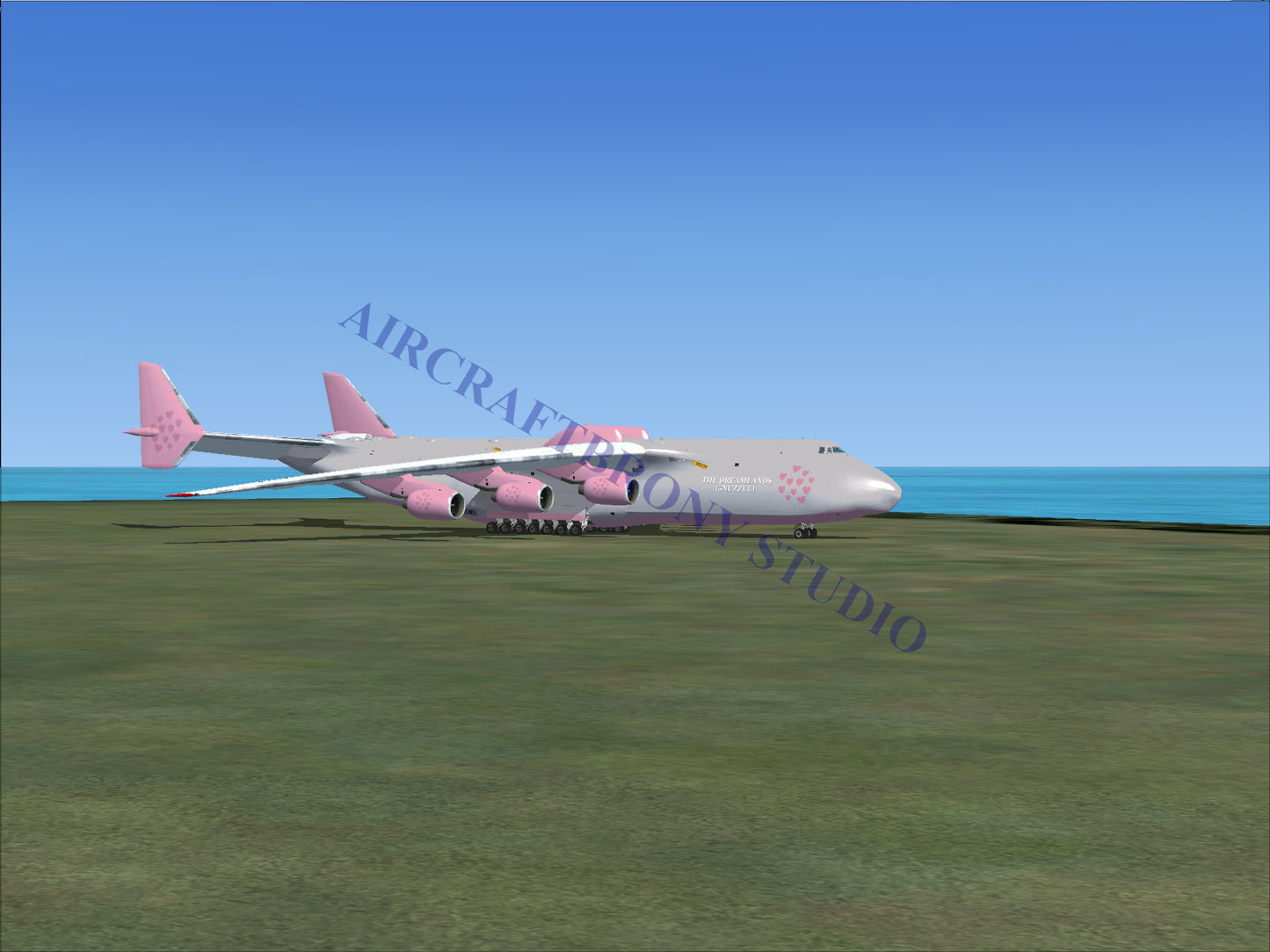 Pink and white cargo plane with large engines.