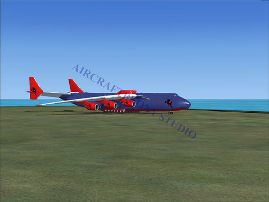 A blue and red cargo airplane with six engines.