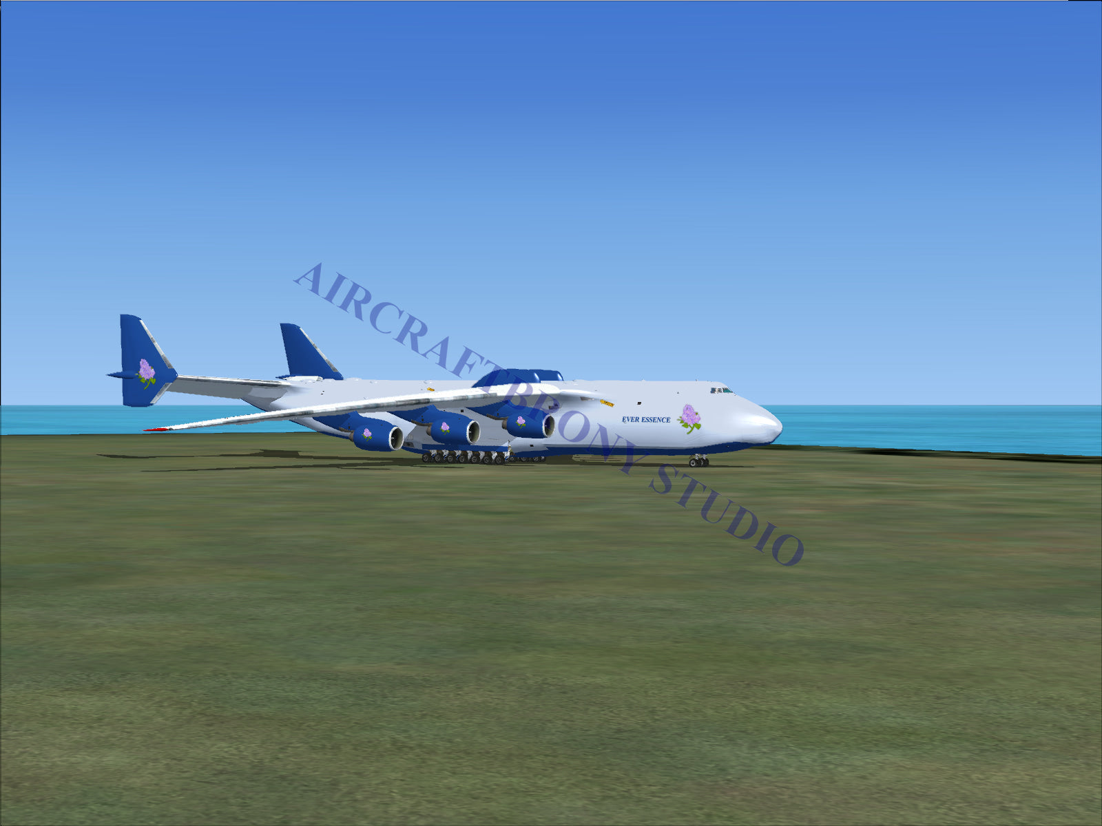 Blue and white antonov an-225 cargo plane with six engines.