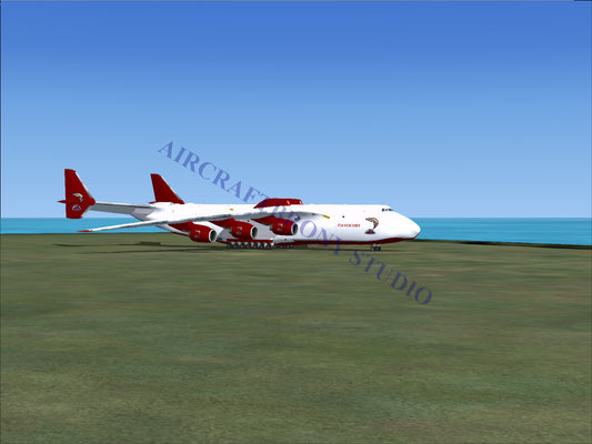 White and red cargo airplane with six engines.