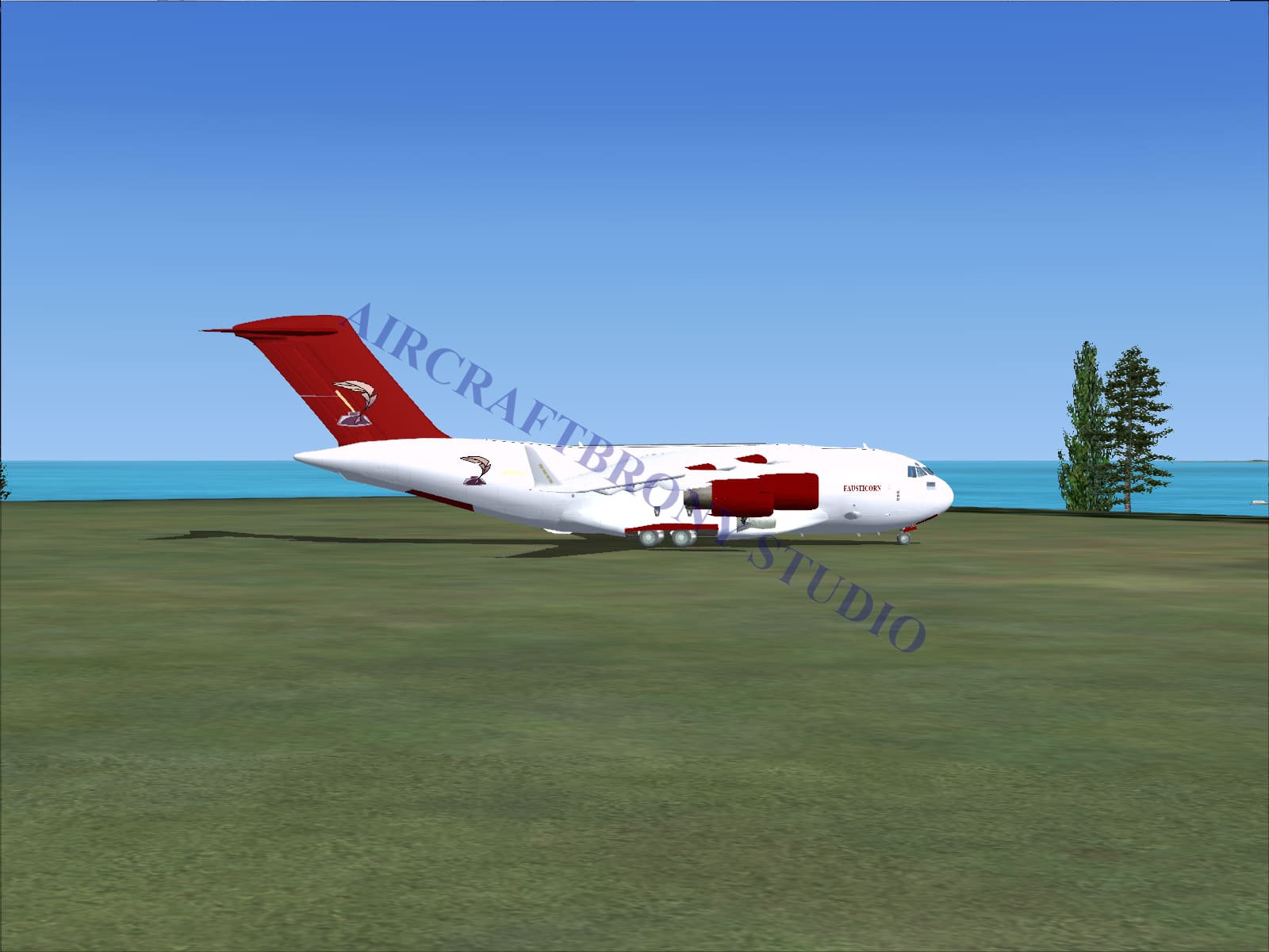 Digital image of fausticorn boeing c-17 cargo aircraft with white and red colors and distinctive tail logo