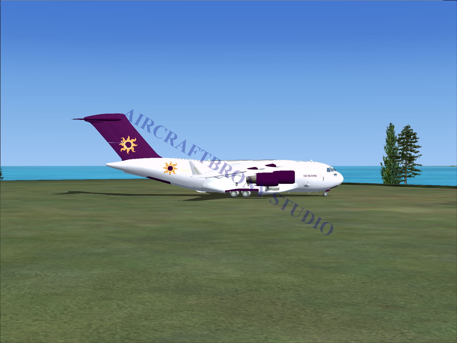 White and purple cargo airplane with sun logo on tail and fuselage in digital image of fauxlestia boeing c-17