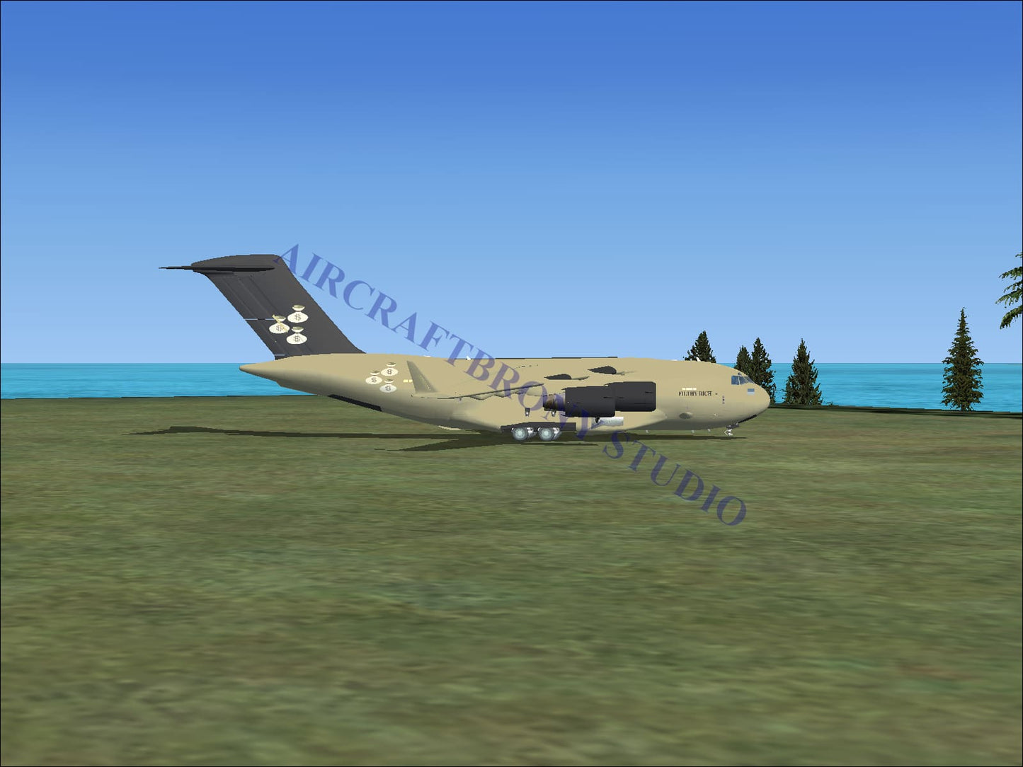 Beige filthy rich boeing c-17 military transport aircraft with dark gray tail and white flower decals digital image
