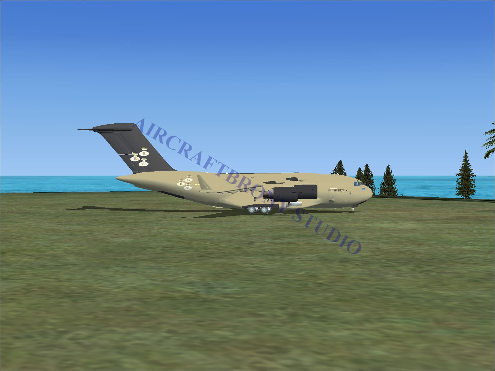 Beige filthy rich boeing c-17 military transport aircraft with dark gray tail and white flower decals digital image