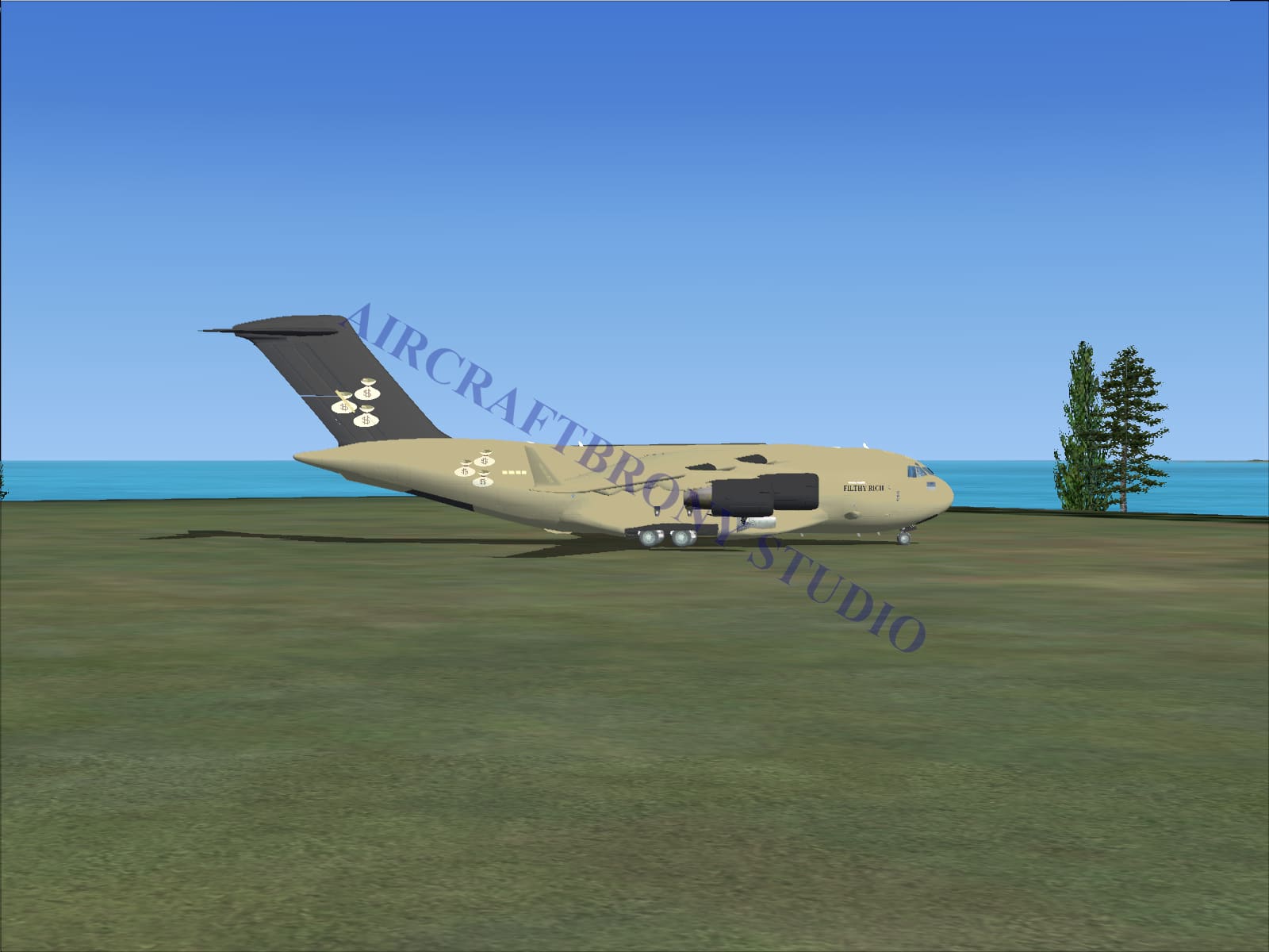 Beige filthy rich boeing c-17 military transport aircraft with dark gray tail and white circular insignia digital image