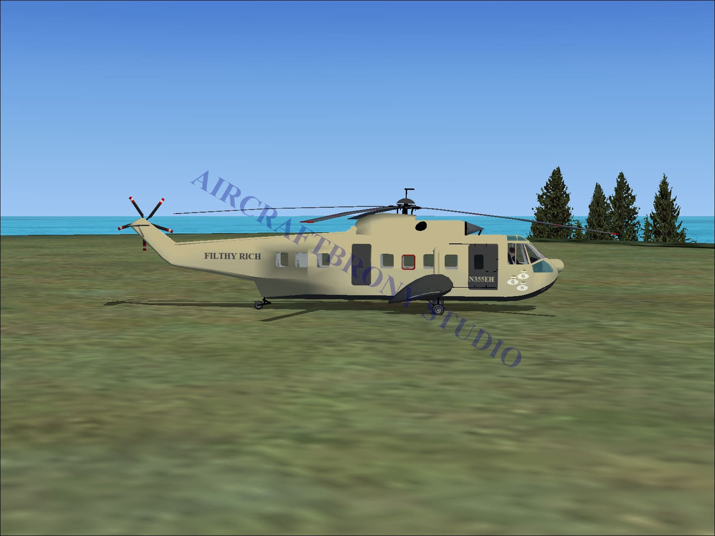 Beige military-style filthy rich sikorsky s-61n helicopter with black rotor blades and landing skids digital image
