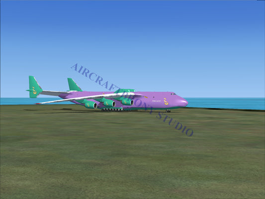 Purple and green cargo plane model with large wings.