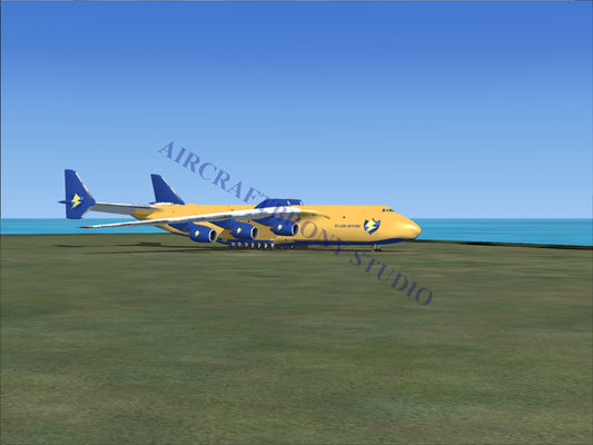 Yellow and blue cargo plane model with large engines.