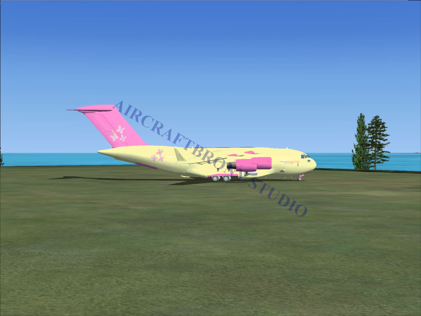 Digital image of a pink and cream fluttershy boeing c-17 aircraft with cartoonish star motifs on fuselage