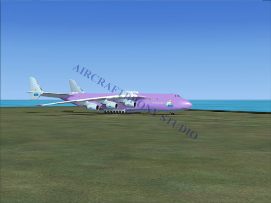 Purple and white cargo plane with four engines, likely antonov an-225 mriya.