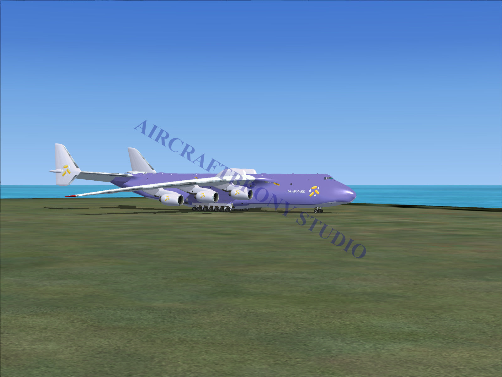 Purple and white cargo plane with four engines, designed for heavy-lift operations.