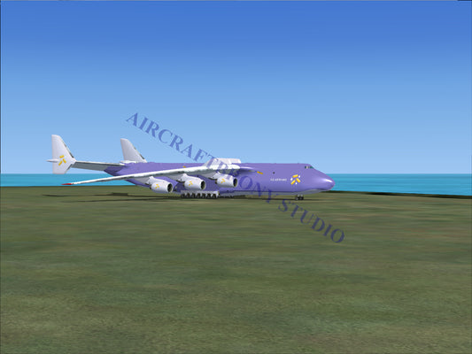 Purple and white cargo plane with four engines, designed for heavy-lift operations.