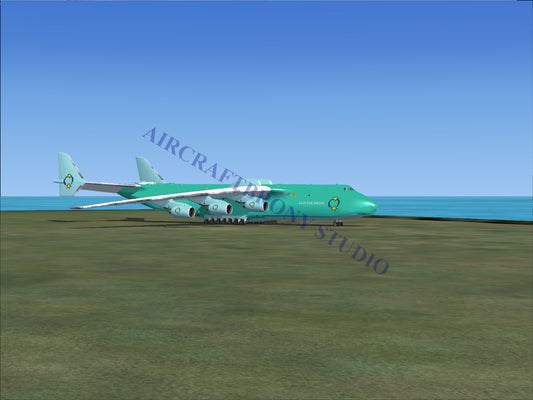 Green antonov an-225 mriya cargo plane with four engines and distinctive tail design.