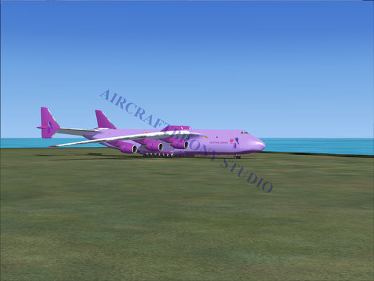 Purple cargo plane with teal accents and pink tail fin.