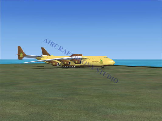 Yellow cargo airplane with six engines.