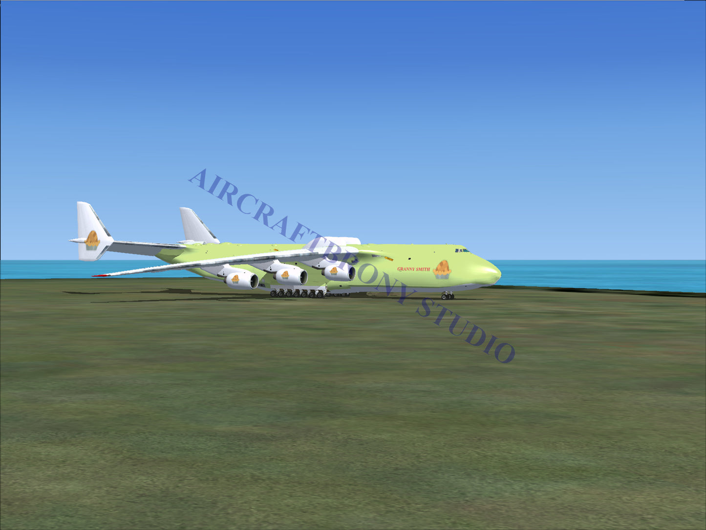 A massive, six-engine cargo aircraft with a light green fuselage and white wings.