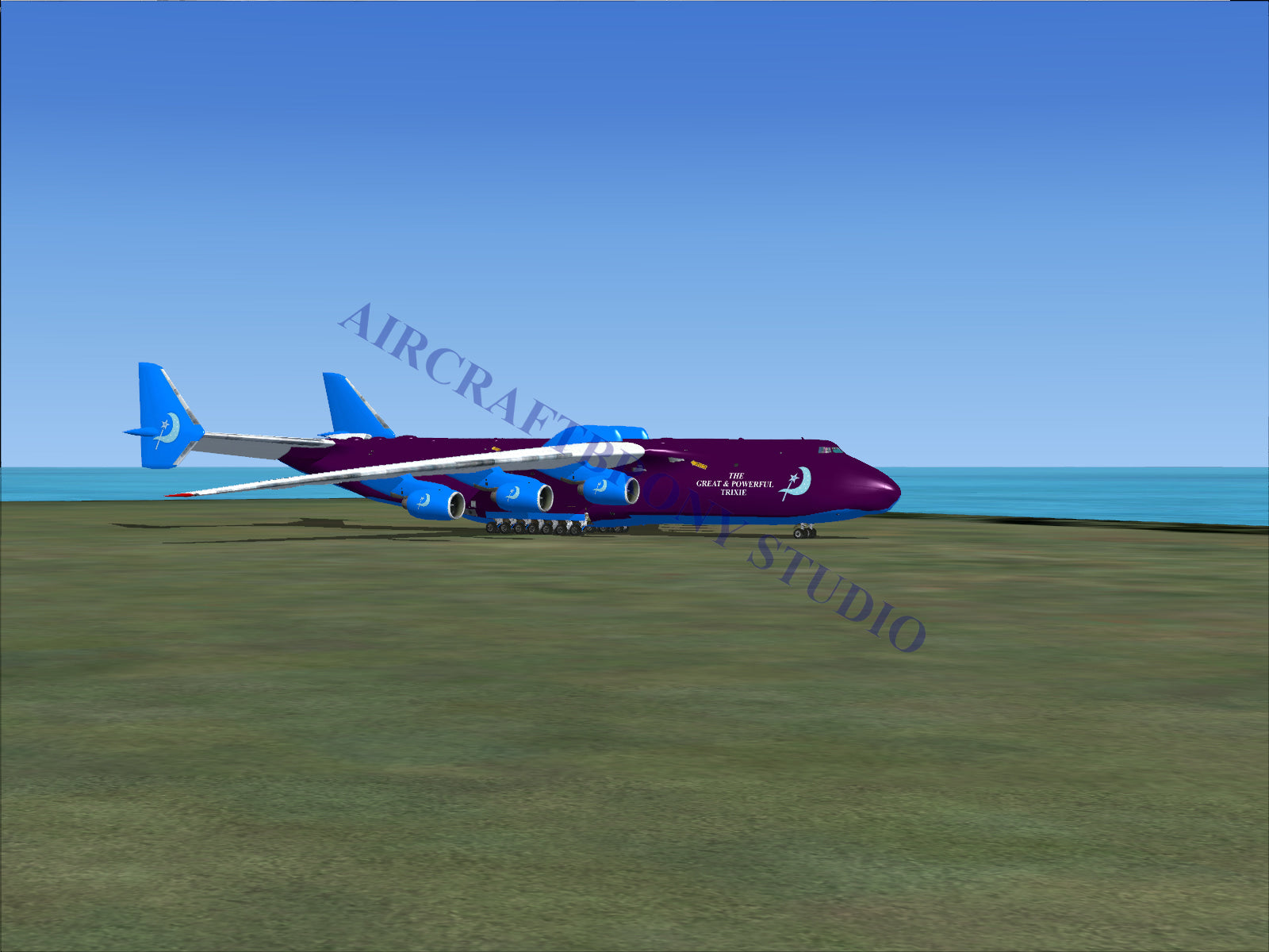 Purple and blue multi-engine cargo plane with a crescent moon logo on the tail.