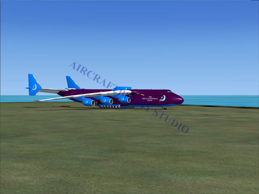 Purple and blue multi-engine cargo plane with a crescent moon logo on the tail.