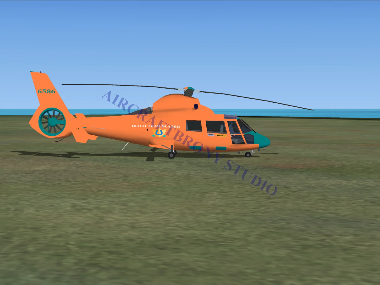 Orange and teal aerospatiale hh65 dolphin helicopter with becch destinatore text side in hitch trailblazer hh65 dolphin digital image
