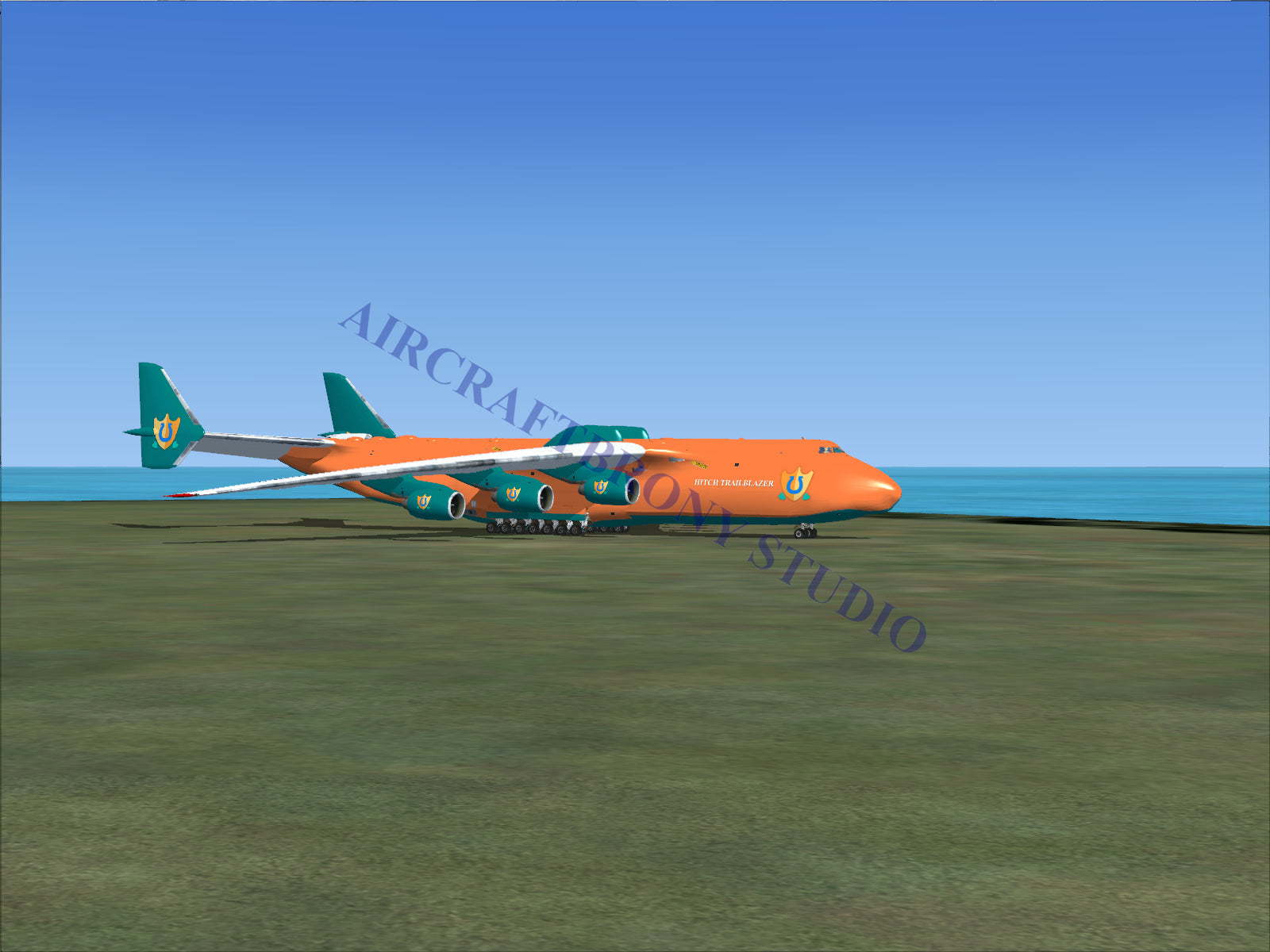 Orange and teal cargo plane with six engines.