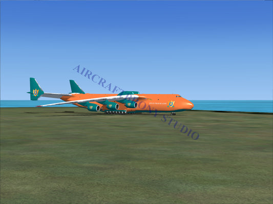 Orange and teal cargo plane with six engines.