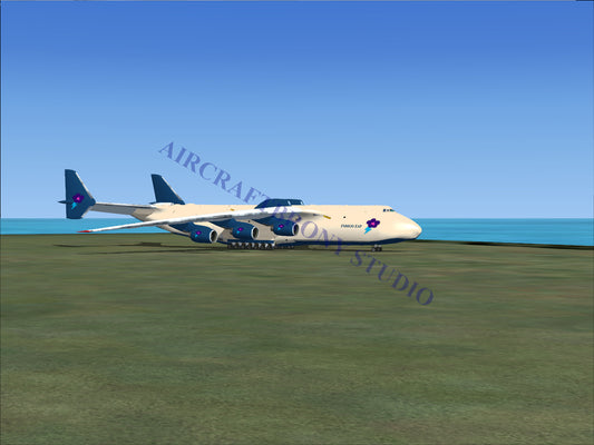 Boeing 747 cargo plane with blue and white livery.