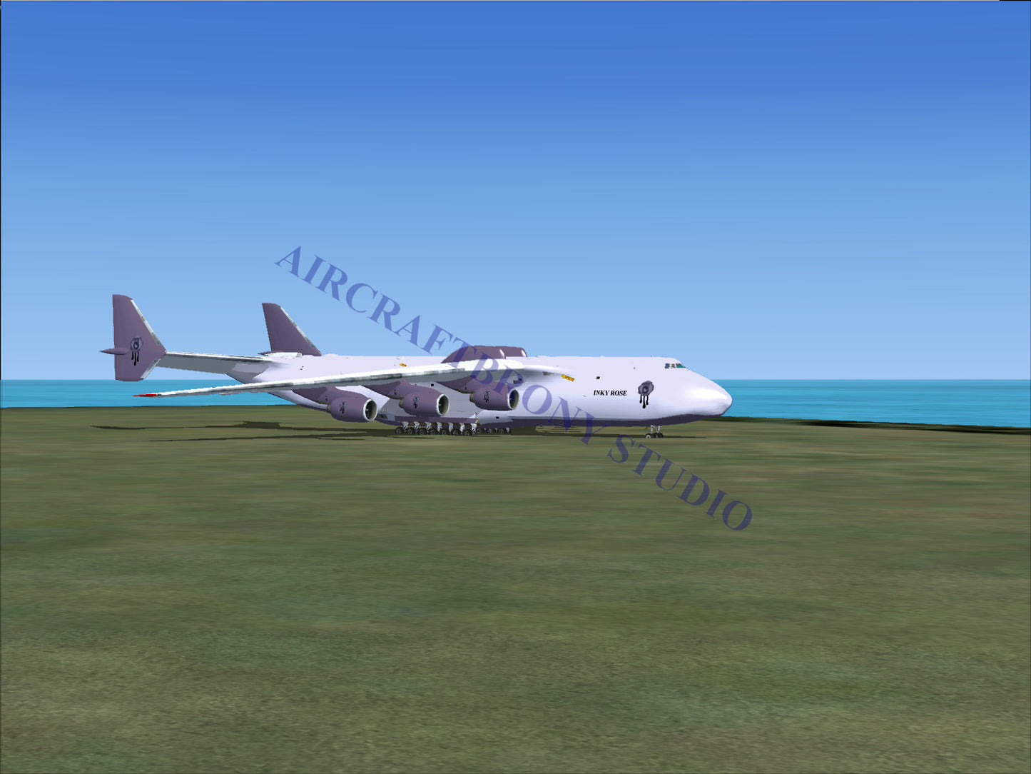 White and blue cargo plane with four engines, designed for heavy-lift transport.