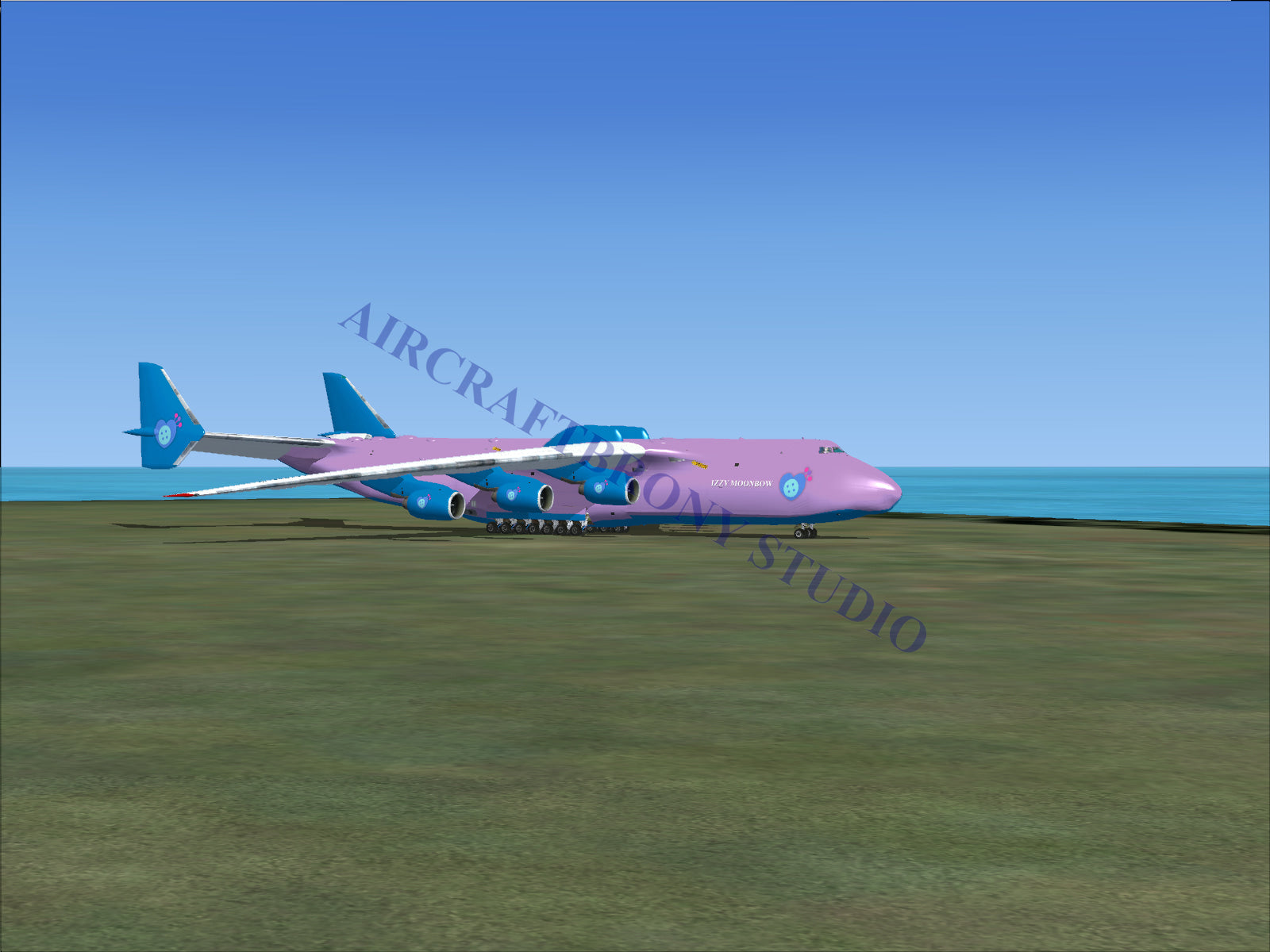 Pink and blue six-engine cargo aircraft.