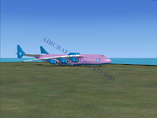 Pink and blue six-engine cargo aircraft.