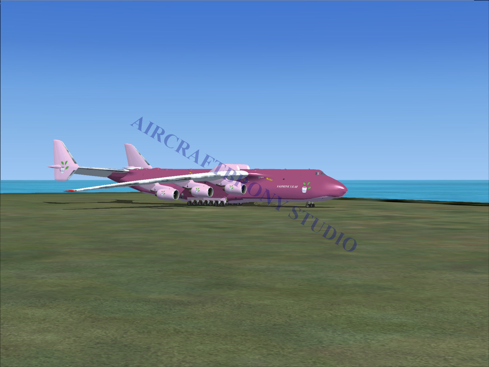 Pink cargo plane with large wings and engines, designed for heavy-lift transport.