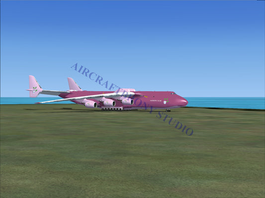 Pink cargo plane with large wings and engines, designed for heavy-lift transport.