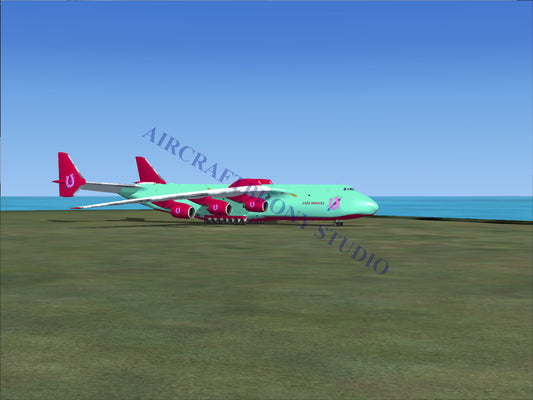 A teal and pink cargo plane with six engines.