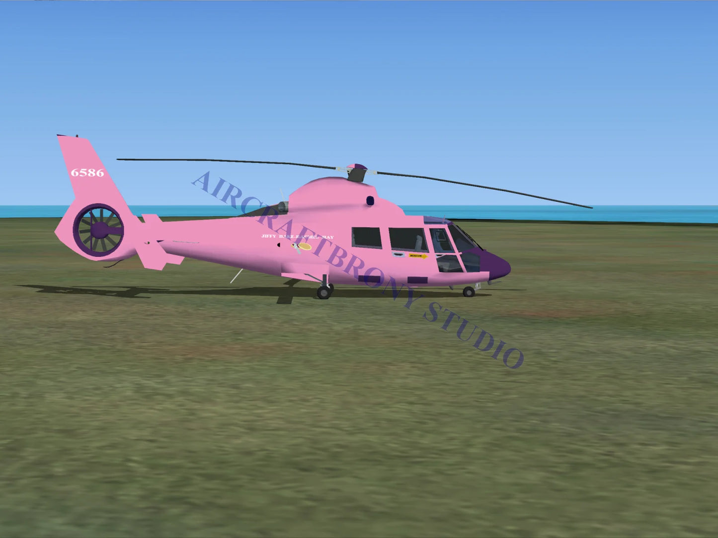 Pink and purple sleek modern helicopter model of aerospatiale hh65 dolphin in jiffy bake-rachel hay product image
