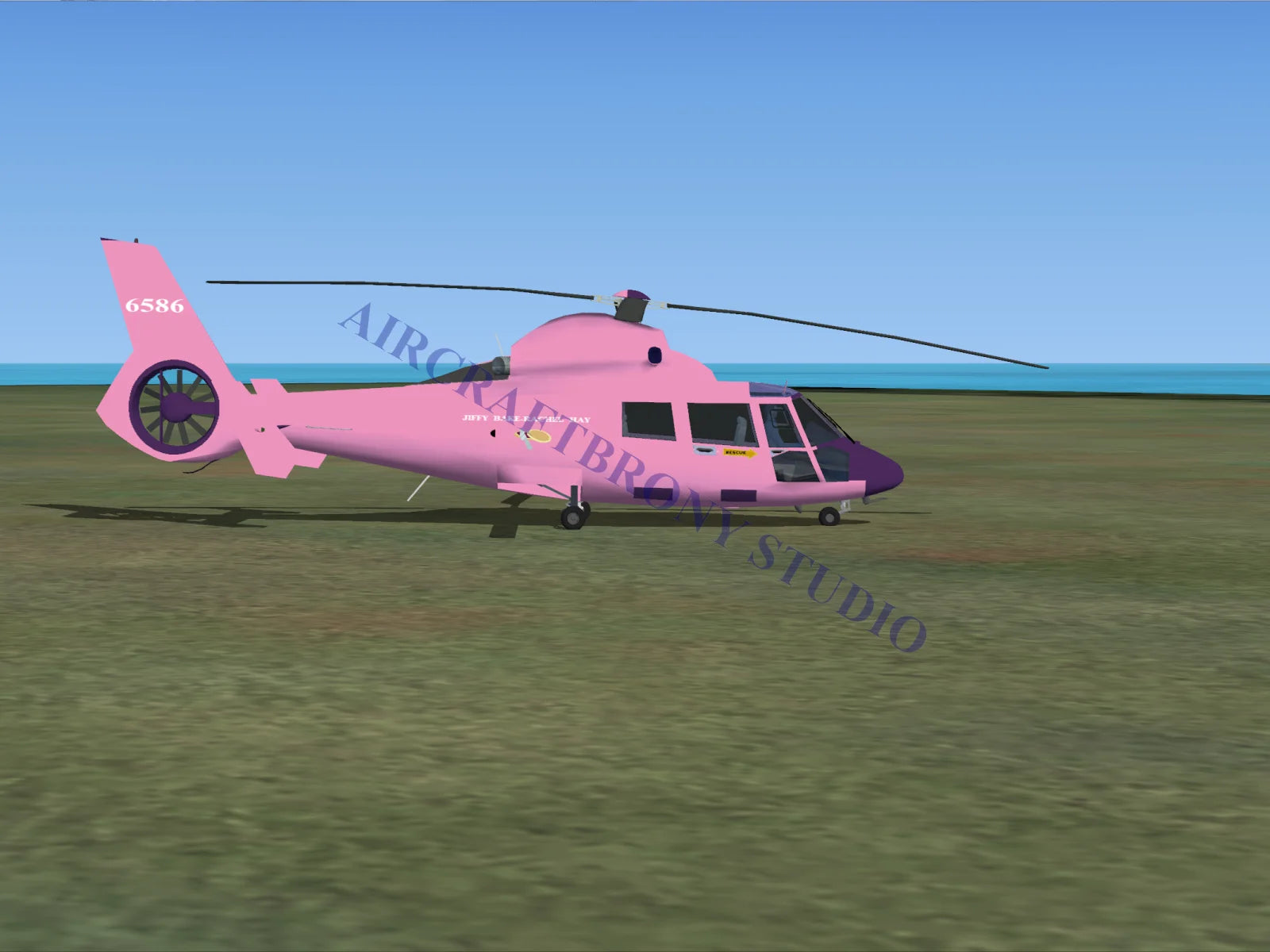 Pink and purple sleek modern helicopter model of aerospatiale hh65 dolphin in jiffy bake-rachel hay product image
