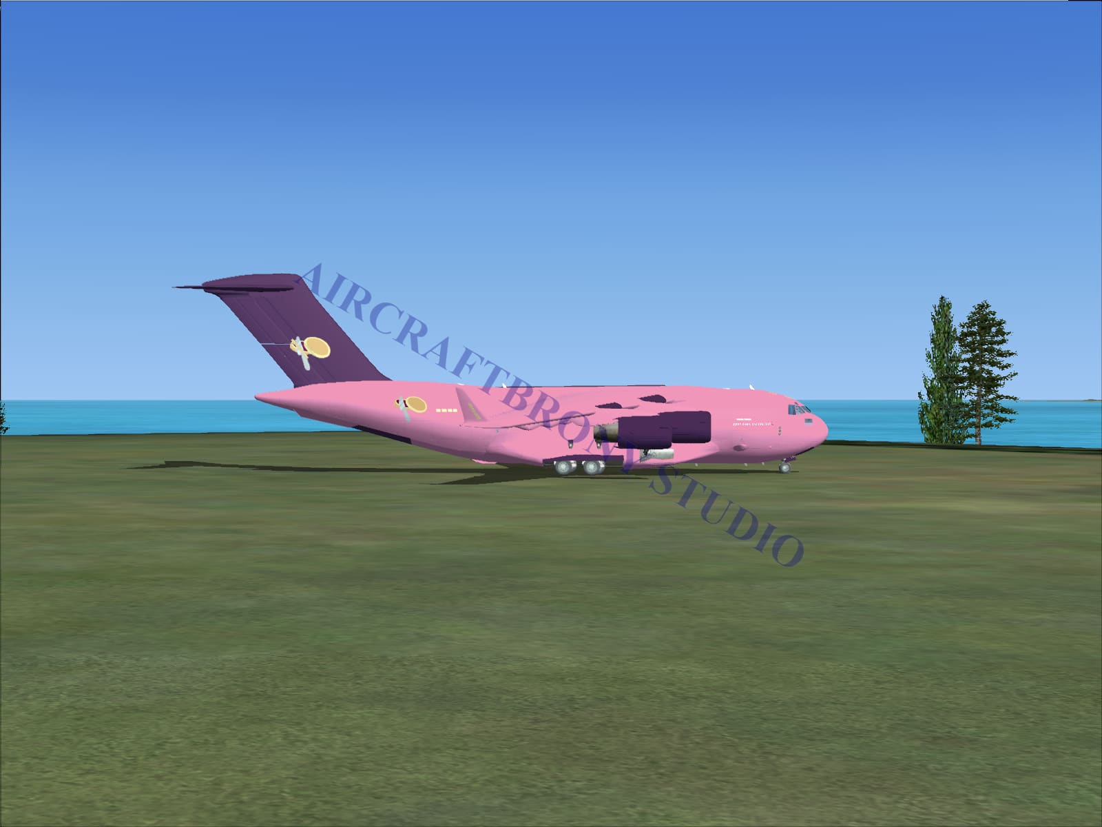 Pink and purple boeing c-17 with four engines and distinctive logo on tail on grassy terrain jiffy bake-rachel hay