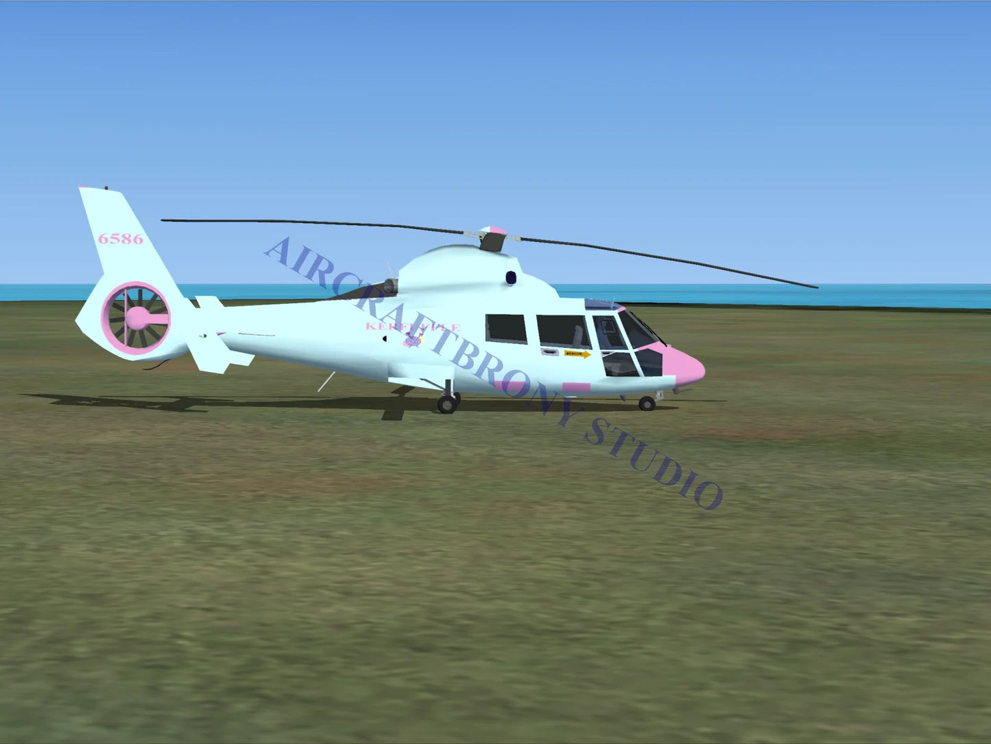 A white and pink kerfuffle aerospatiale hh65 dolphin helicopter with sleek modern design and black rotor blades in digital image