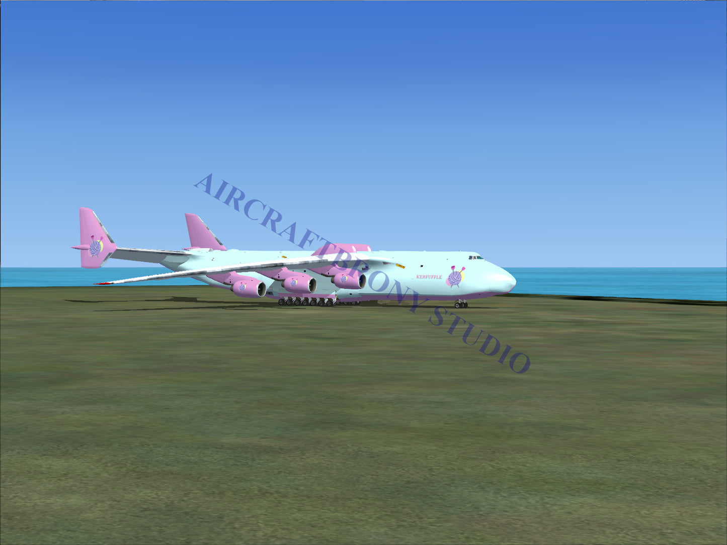 White and pink cargo plane with large engines.