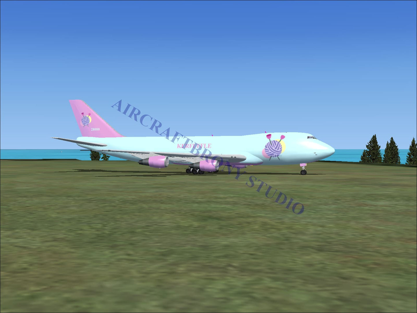 Digital image of kerfuffle boeing 747-200 aircraft with pink and white knitting-themed livery featuring a yarn ball design