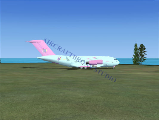 Digital image of kerfuffle boeing c-17 aircraft in pink and white with cartoon character decals on the fuselage