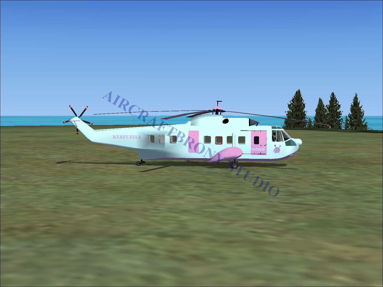 A pastel pink and white kerfuffle sikorsky s-61n helicopter with cartoonish pink doors and accents digital image