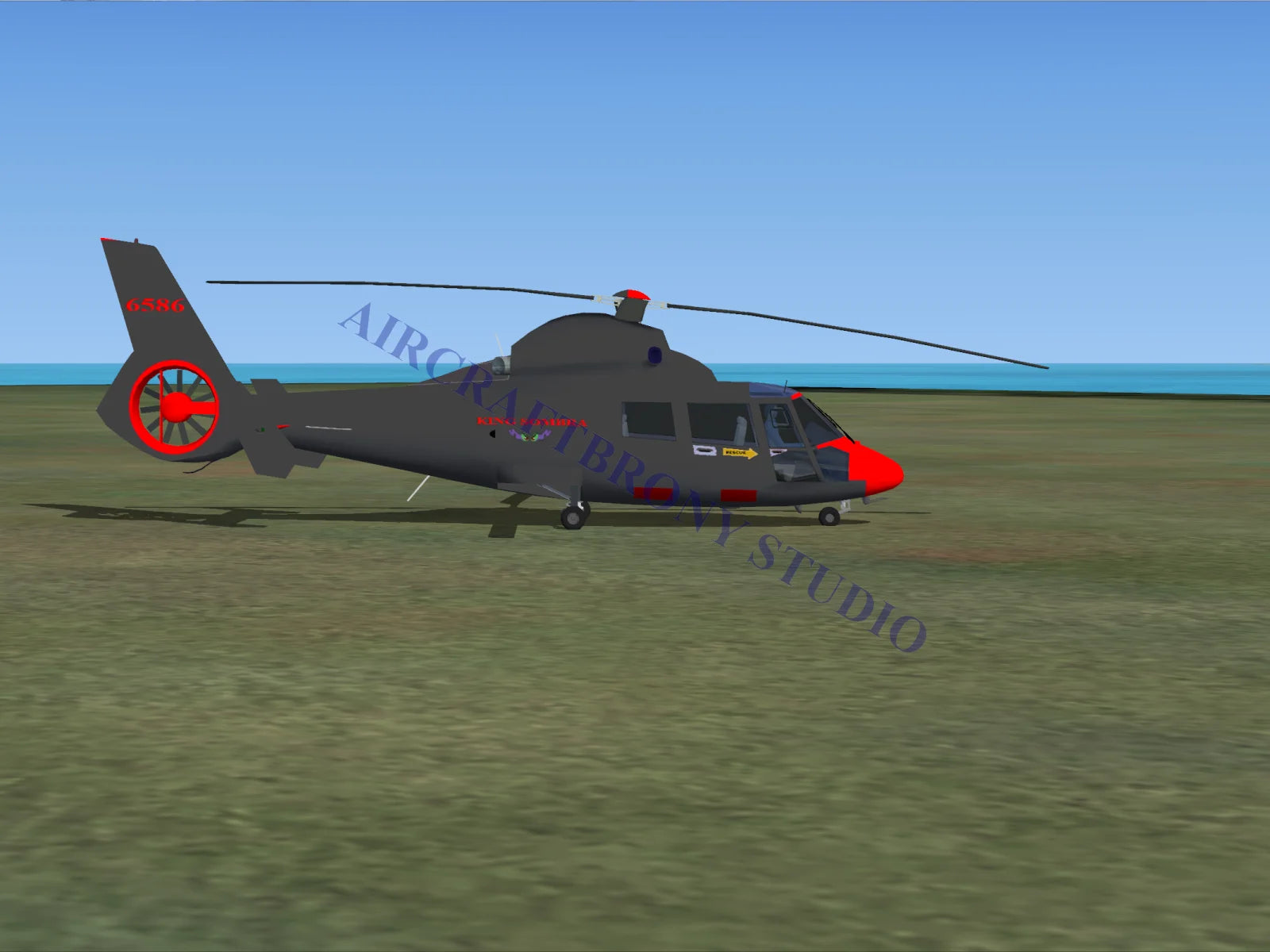 Dark gray king sombra aerospatiale hh65 dolphin helicopter with red accents and sleek modern design digital image