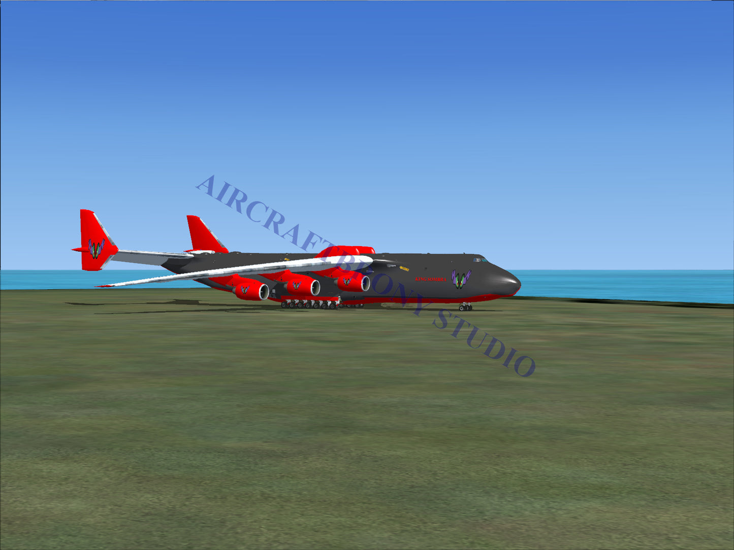 Red and black aircraft with sleek design, large wingspan.
