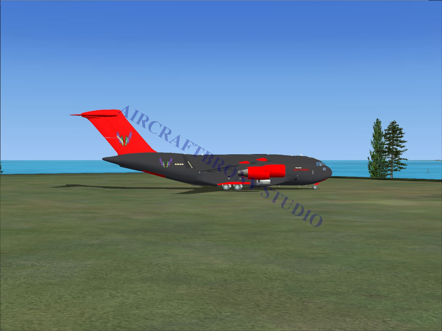 Black and red king sombra boeing c-17 cargo aircraft with distinctive tail fin design digital image