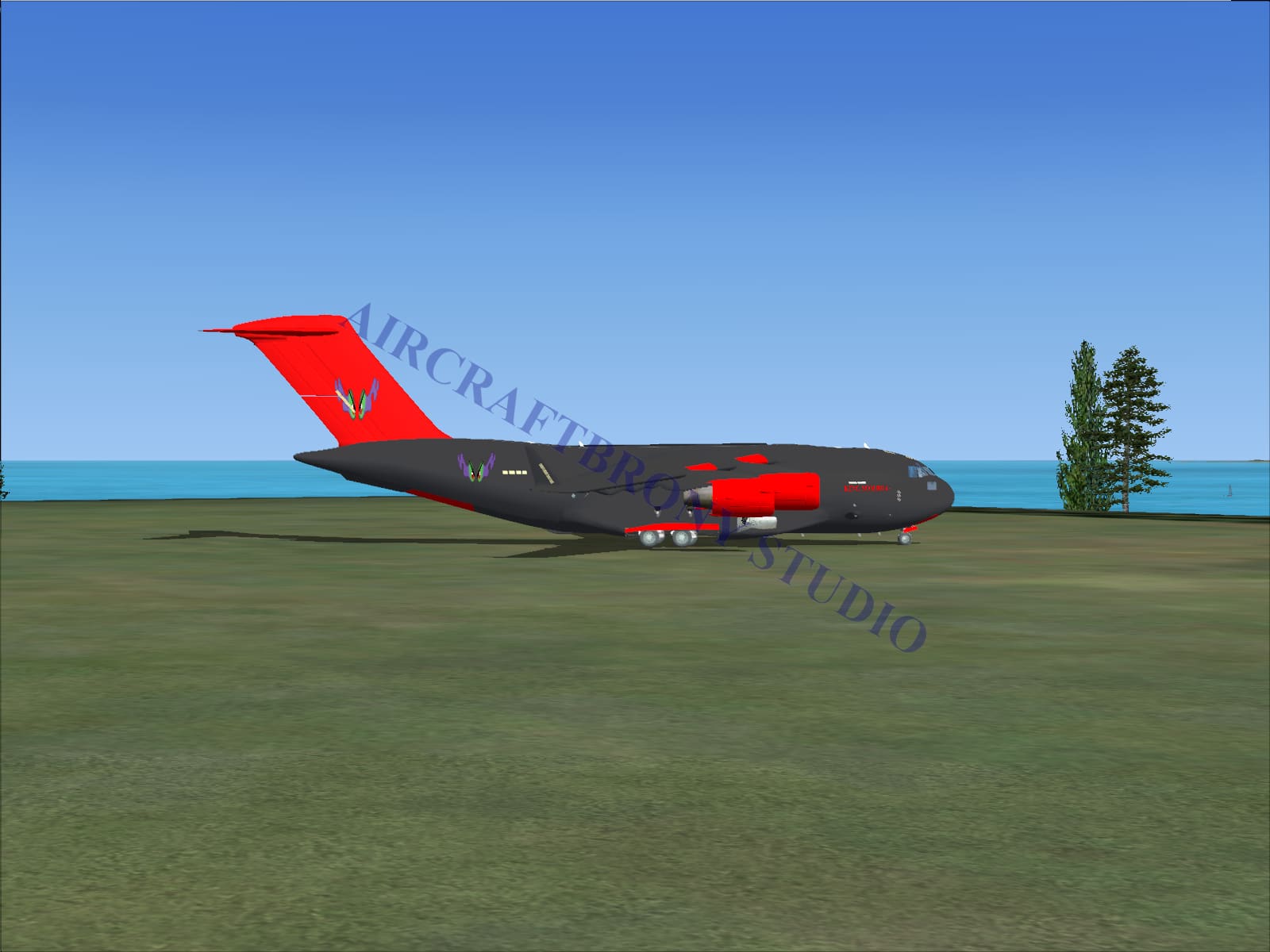 Black and red king sombra boeing c-17 cargo aircraft with distinctive tail fin design digital image