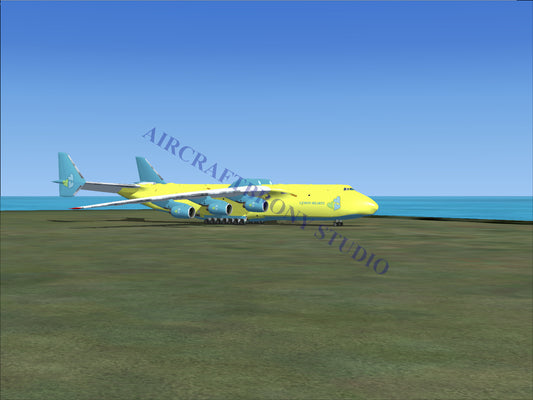 Yellow and white cargo plane with blue tail fin, designed for heavy-lift transportation.