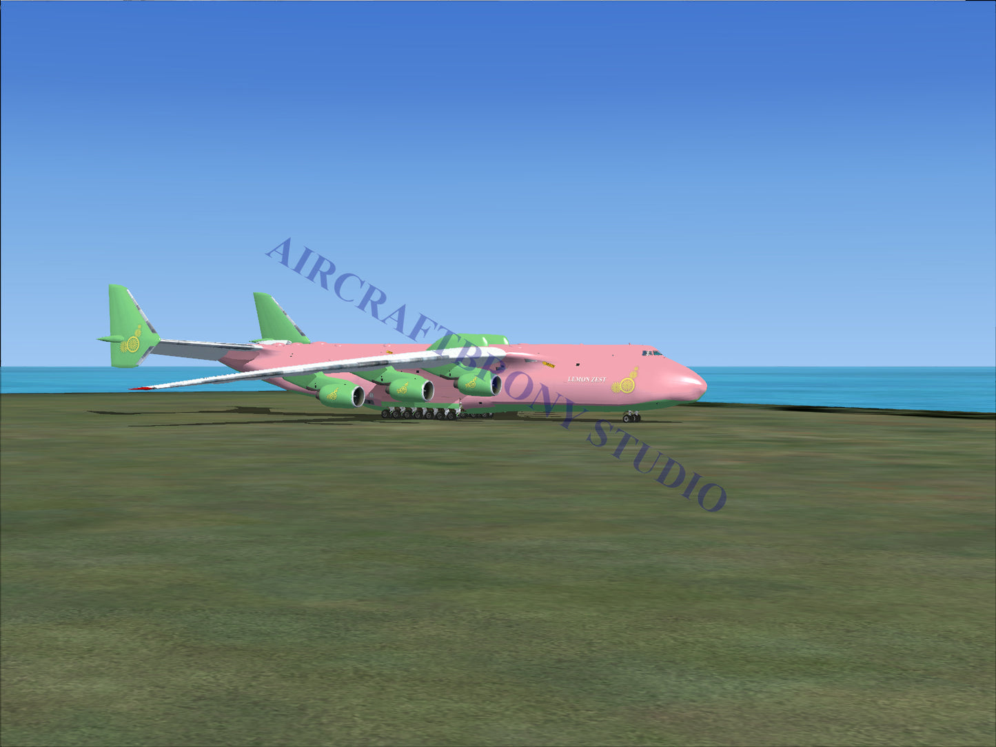 Pink and green antonov an-225 mriya cargo plane model.