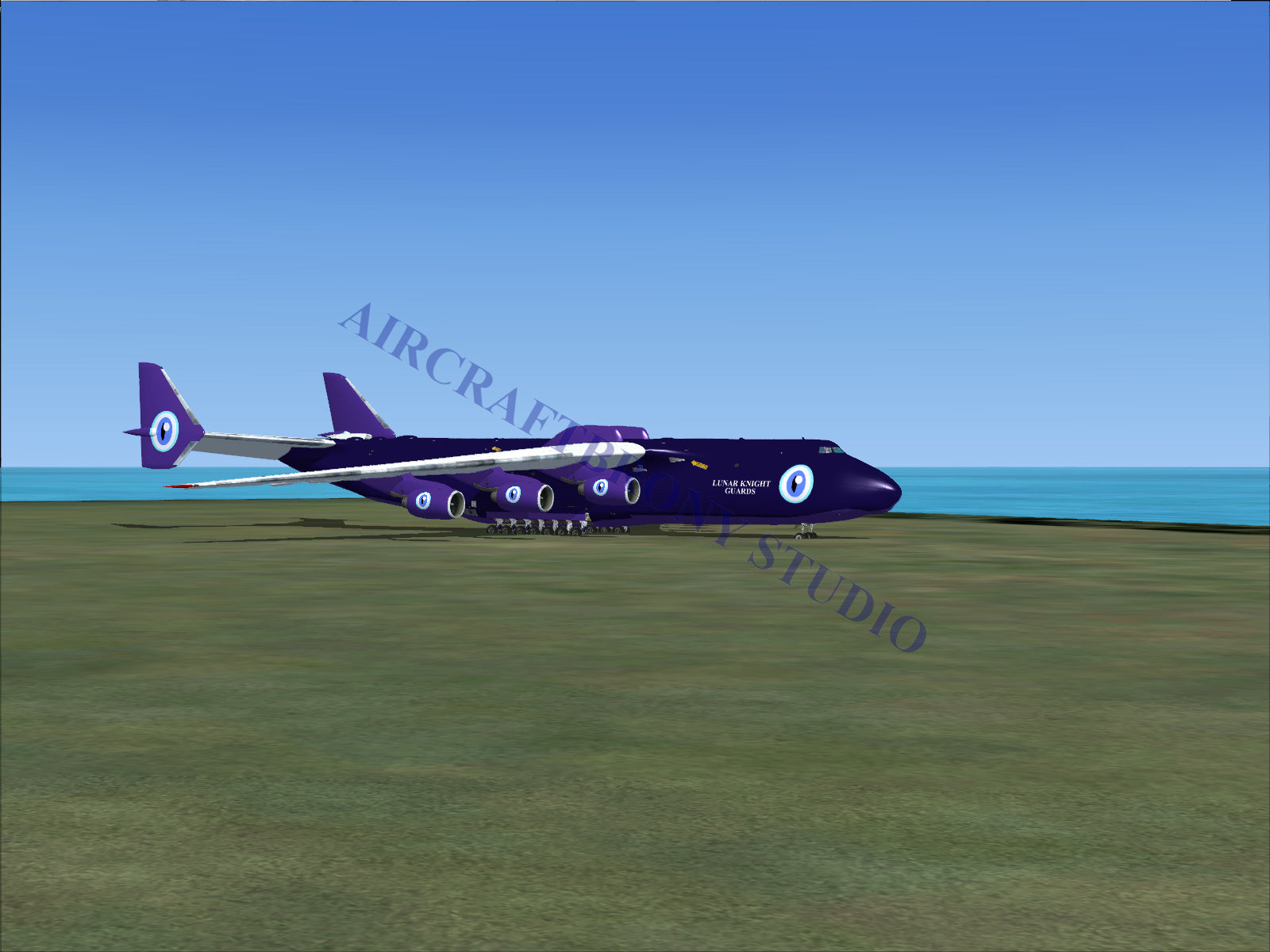 Purple cargo plane with four engines and tail fin logo.