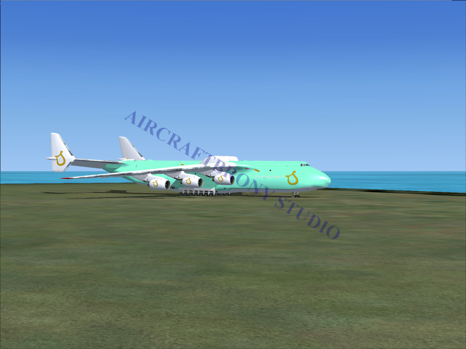Boeing 747-8 intercontinental, turquoise and white fuselage with yellow logo.