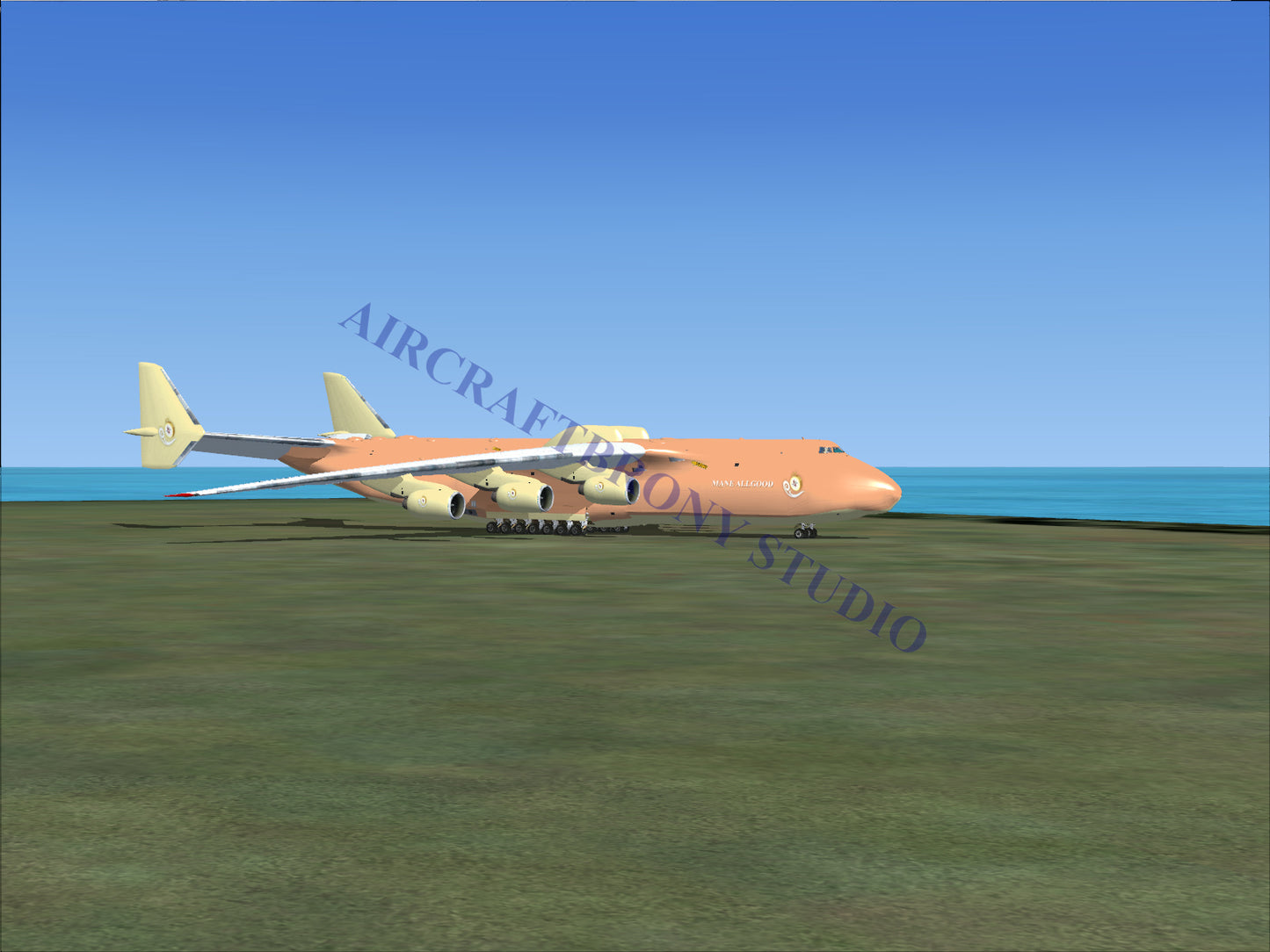 A peach-colored cargo plane with six engines and twin tail fins.